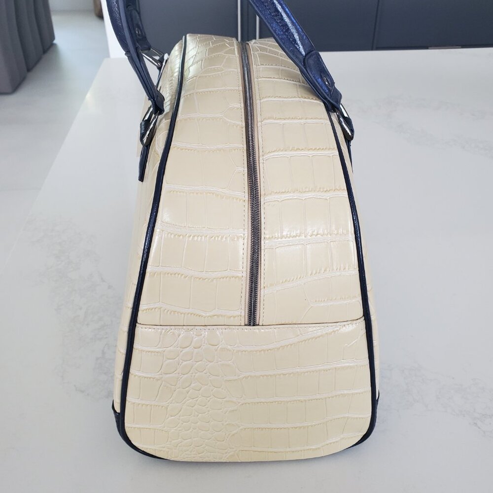 Cutler Cream & Navy Croc Embossed Travel  Bowling Bag Duffle Style Satchel Bag - Picture 5 of 15